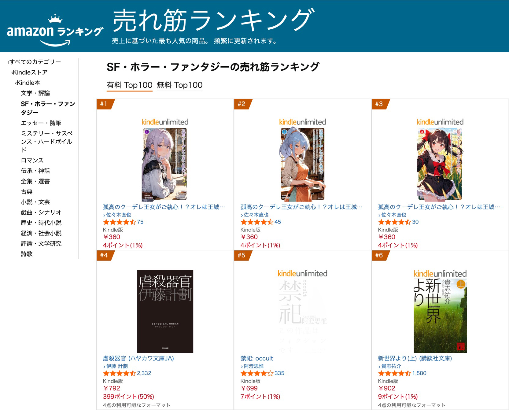 Amazon SF・ホラー・ファンタジーの売れ筋ランキング・キャプチャ